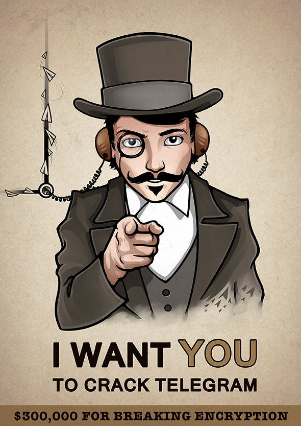 Poster "I want you to crack Telegram" referência ao recrutamento do exército estadunidense